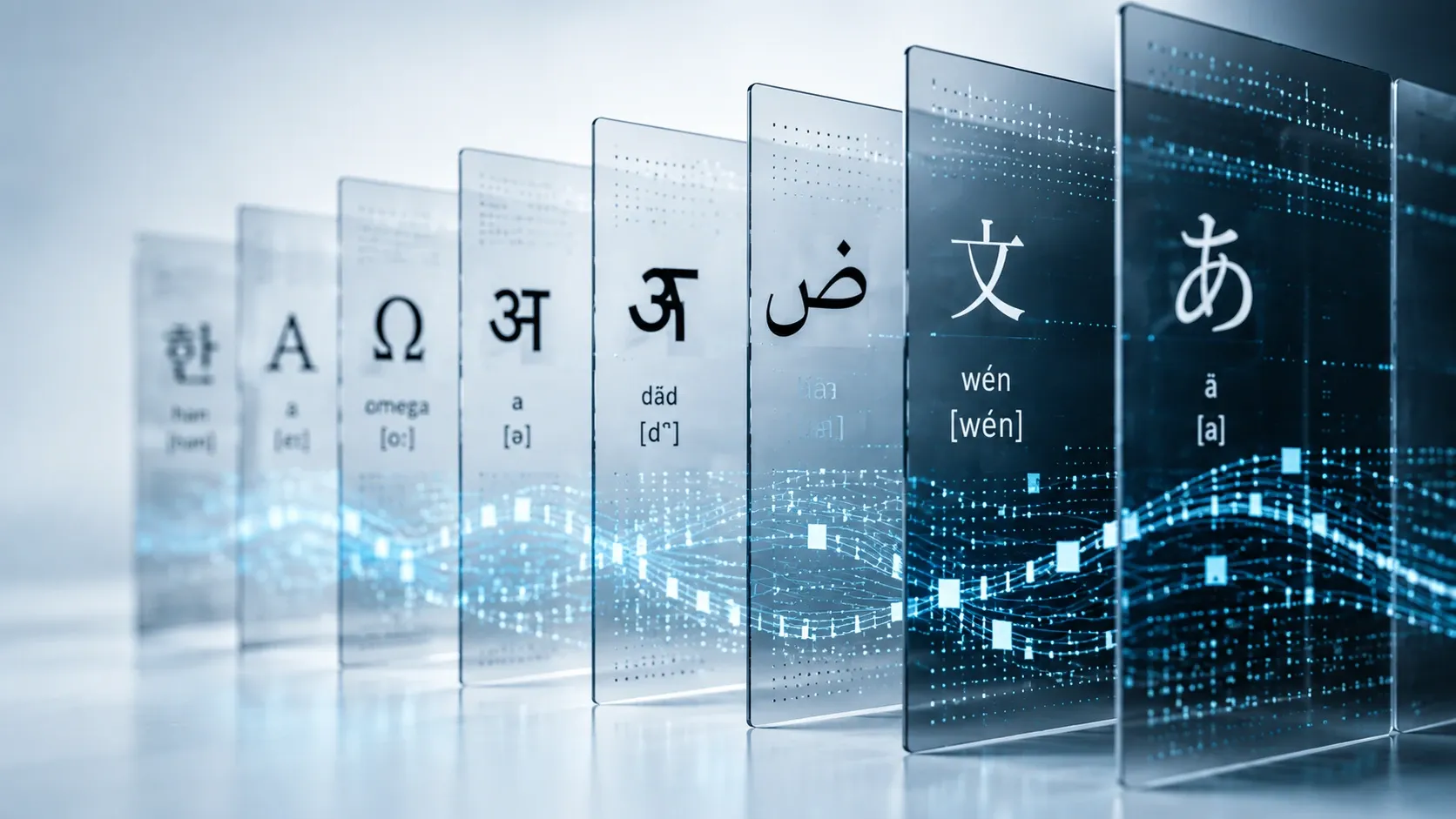Glass panels showing characters from several writing systems over a flowing data waveform